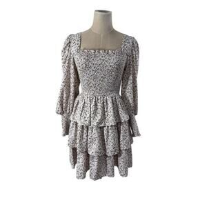 "BYINNS" Dress, Cream w/Floral, Ruffles, RouchedP,uff Sleeves,Prairie,Farm Girl,